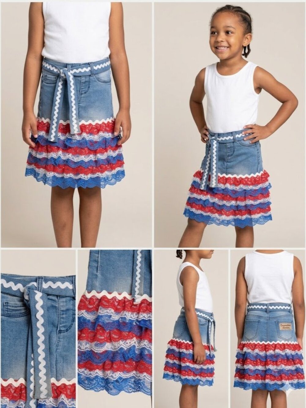 Red white and blue Lace Jean skirt refurbied upcycled